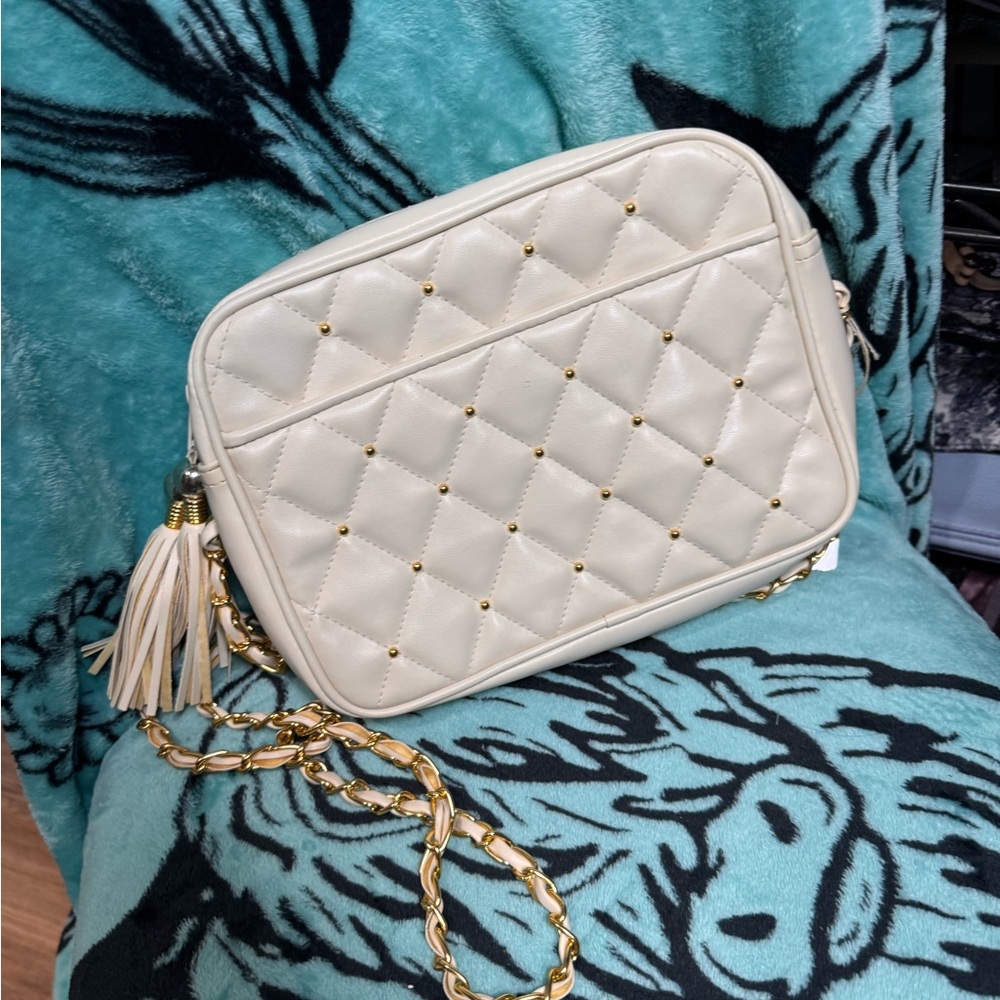Chateau Cream Quilted Crossbody with Gold Chain and Tassel
